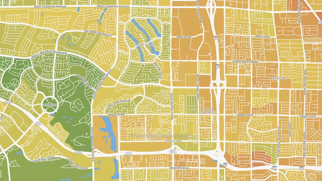 Map of the best neighborhoods in the 89128 area, with better matches in green and worse matches in red