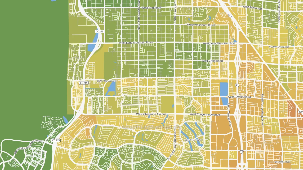 Map of the best neighborhoods in the 89129 area, with better matches in green and worse matches in red