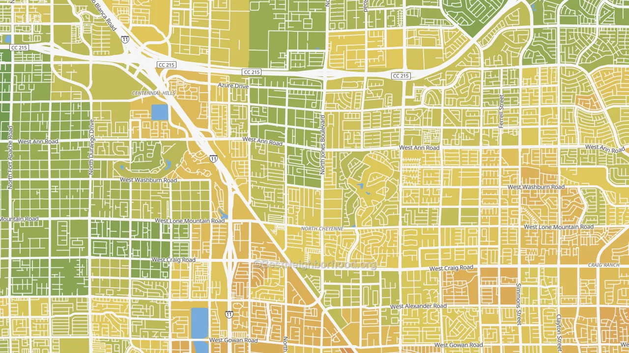 Map of the best neighborhoods in the 89130 area, with better matches in green and worse matches in red