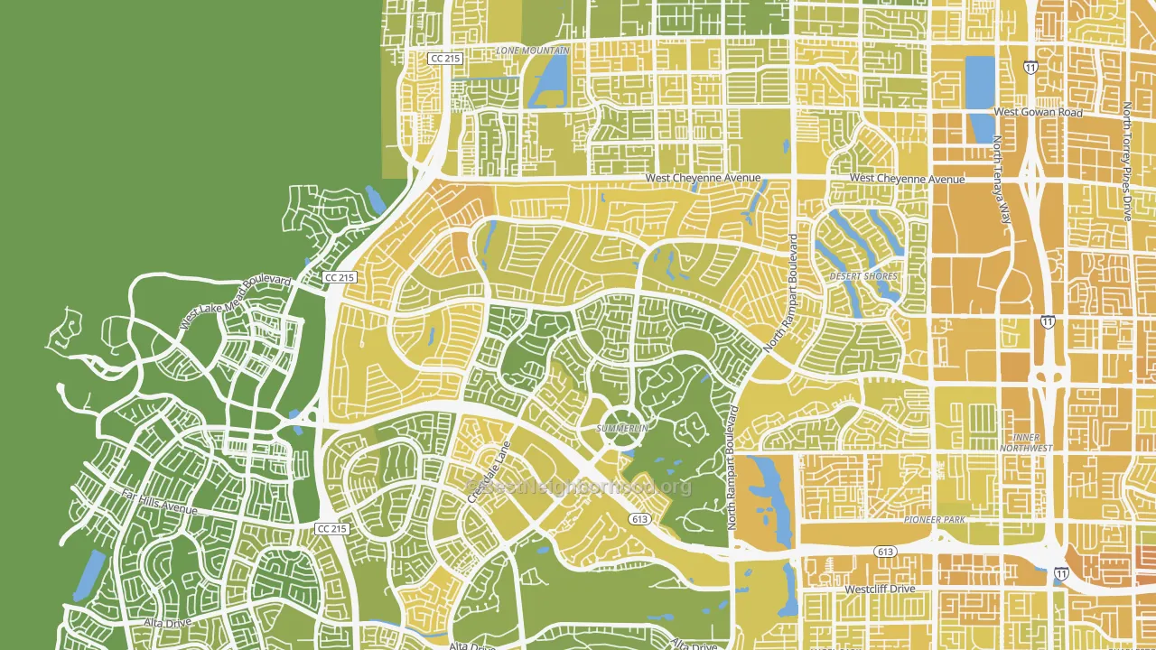 Map of the best neighborhoods in the 89134 area, with better matches in green and worse matches in red
