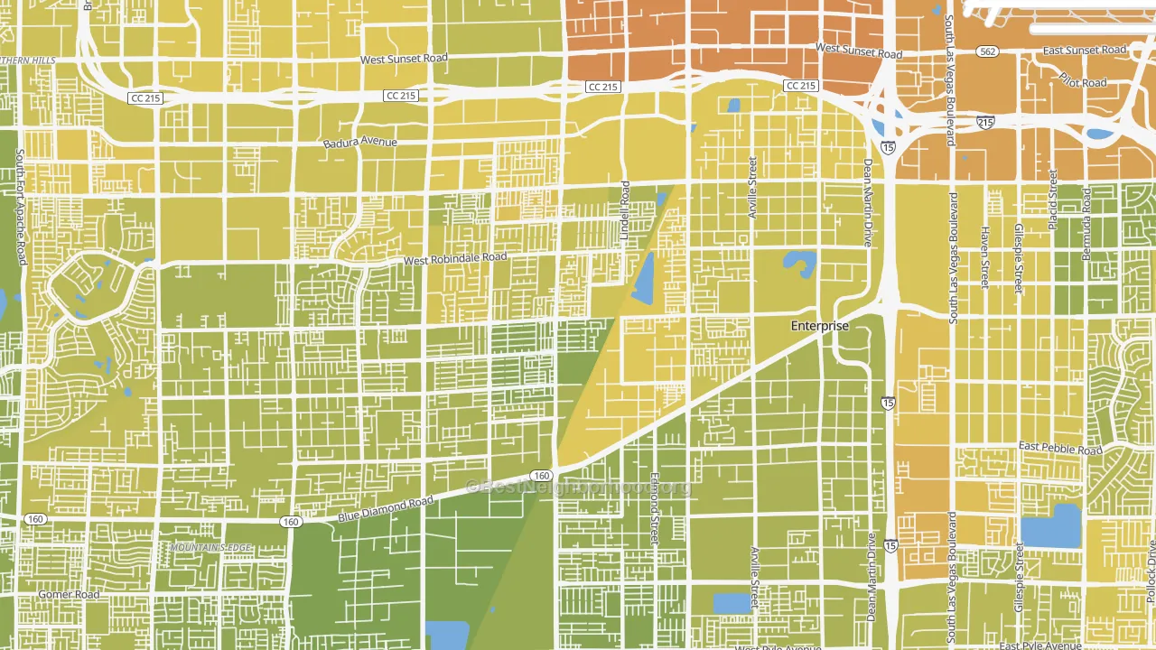 Map of the best neighborhoods in the 89139 area, with better matches in green and worse matches in red