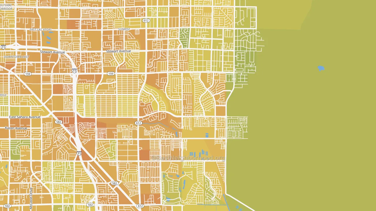 Map of the best neighborhoods in the 89142 area, with better matches in green and worse matches in red