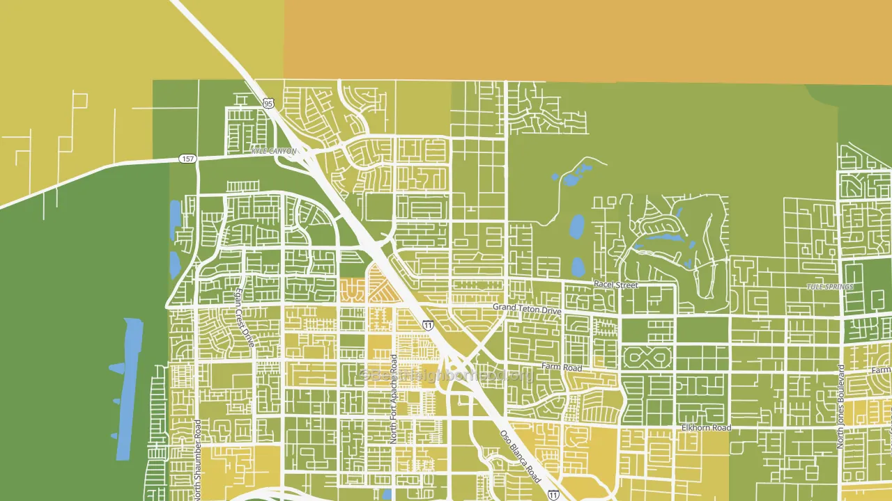 Map of the best neighborhoods in the 89143 area, with better matches in green and worse matches in red