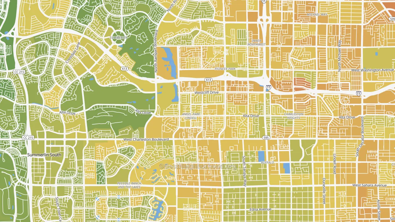 Map of the best neighborhoods in the 89145 area, with better matches in green and worse matches in red