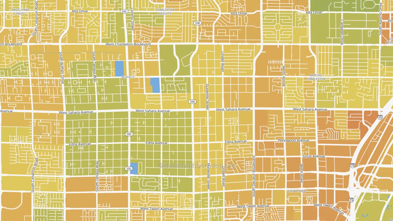 Map of the best neighborhoods in the 89146 area, with better matches in green and worse matches in red
