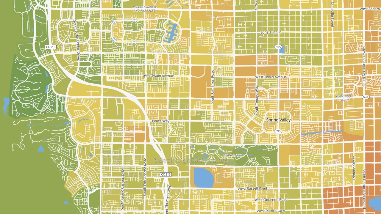 Map of the best neighborhoods in the 89147 area, with better matches in green and worse matches in red