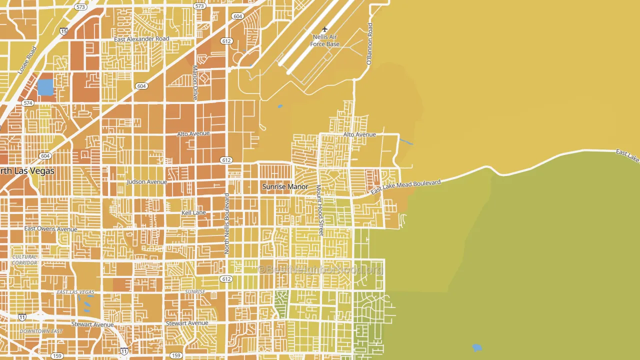 Map of the best neighborhoods in the 89156 area, with better matches in green and worse matches in red