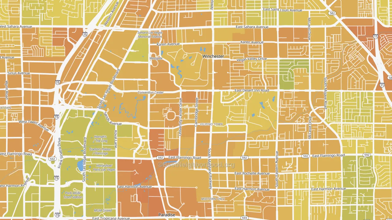 Map of the best neighborhoods in the 89169 area, with better matches in green and worse matches in red