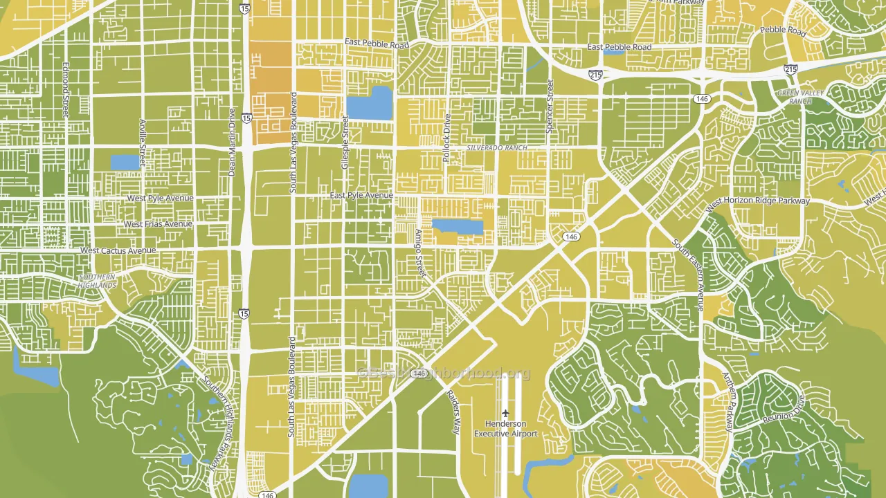 Map of the best neighborhoods in the 89183 area, with better matches in green and worse matches in red