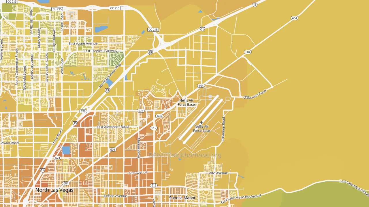 Map of the best neighborhoods in the 89191 area, with better matches in green and worse matches in red