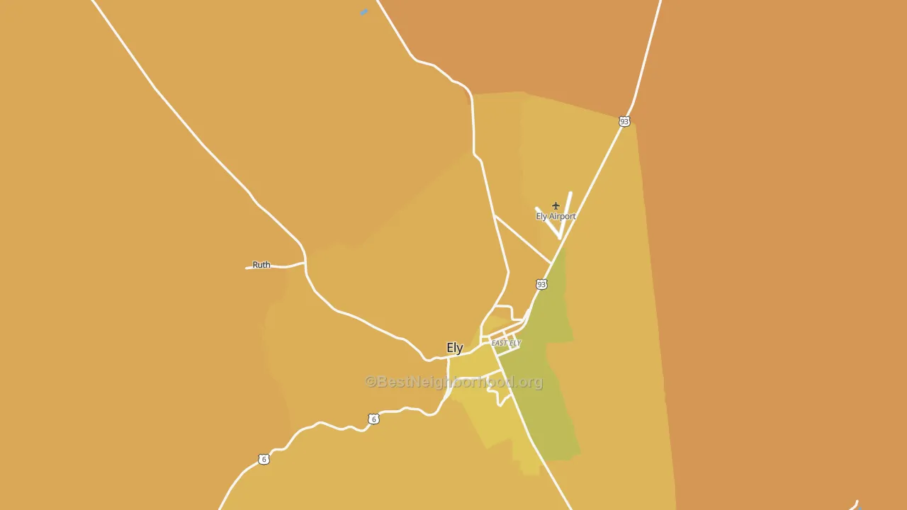 Map of the best neighborhoods in the 89301 area, with better matches in green and worse matches in red