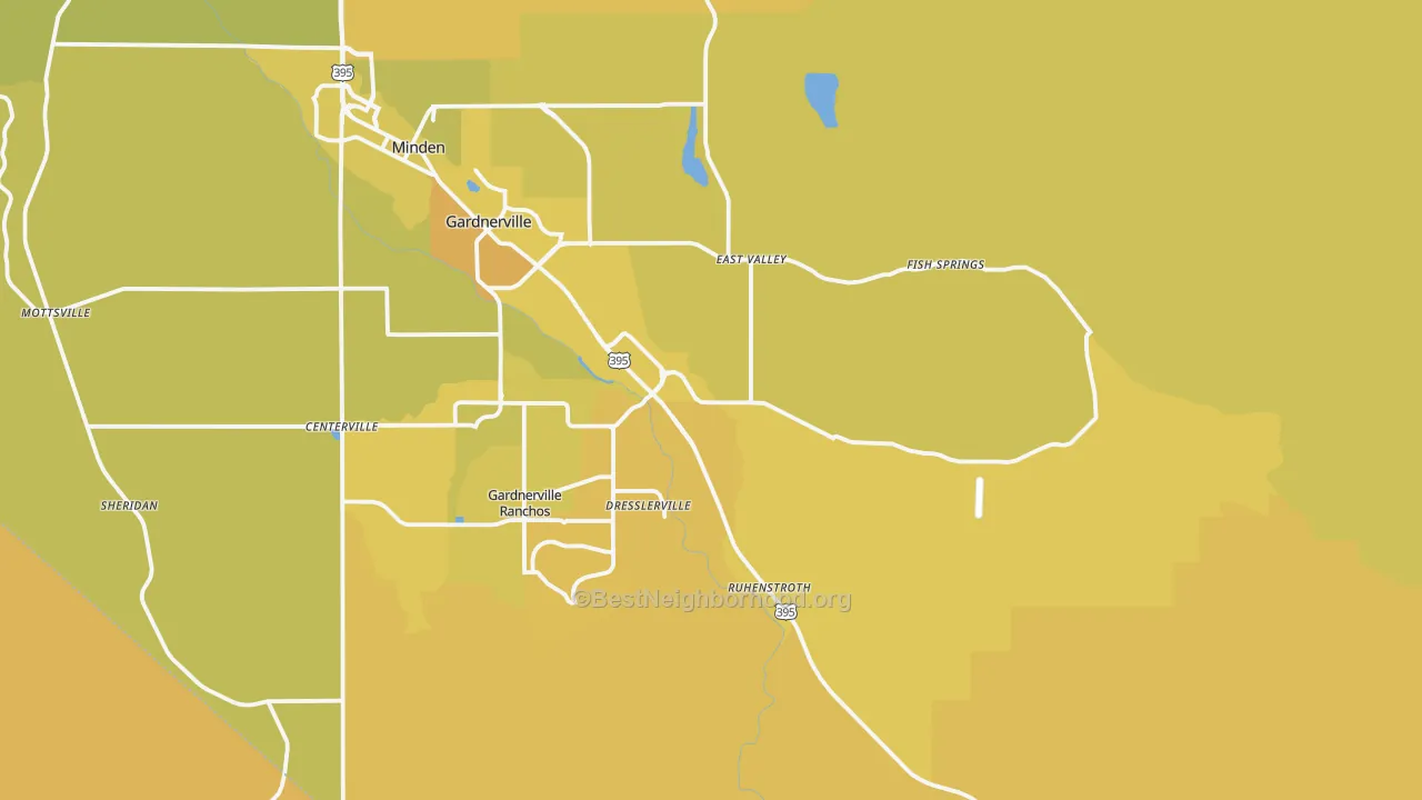 Map of the best neighborhoods in the 89410 area, with better matches in green and worse matches in red