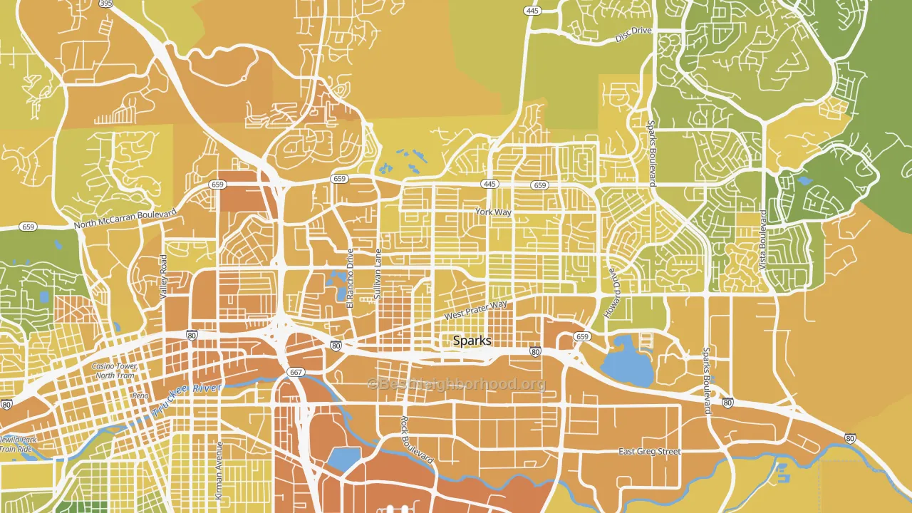 Map of the best neighborhoods in the 89431 area, with better matches in green and worse matches in red