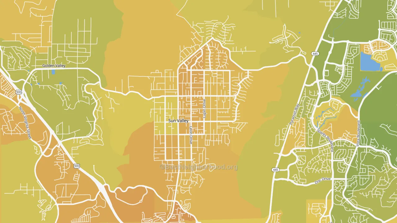 Map of the best neighborhoods in the 89433 area, with better matches in green and worse matches in red