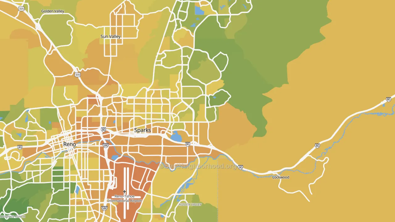 Map of the best neighborhoods in the 89434 area, with better matches in green and worse matches in red