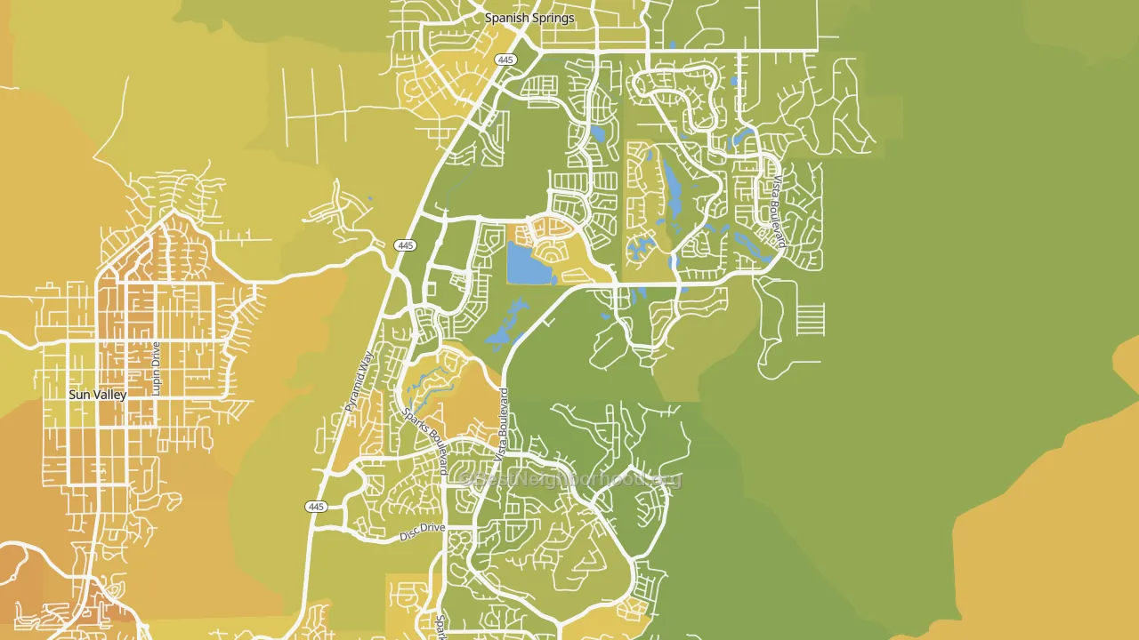 Map of the best neighborhoods in the 89436 area, with better matches in green and worse matches in red