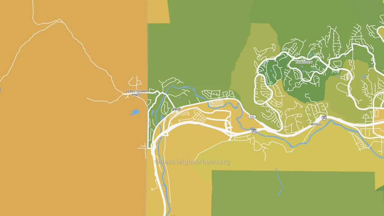 Map of the best neighborhoods in the 89439 area, with better matches in green and worse matches in red
