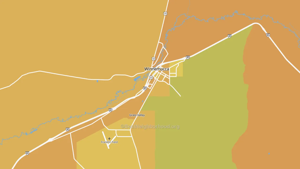 Map of the best neighborhoods in the 89445 area, with better matches in green and worse matches in red