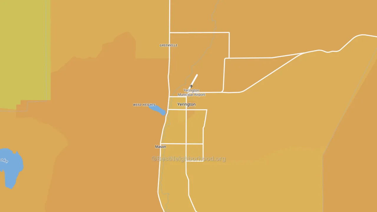 Map of the best neighborhoods in the 89447 area, with better matches in green and worse matches in red