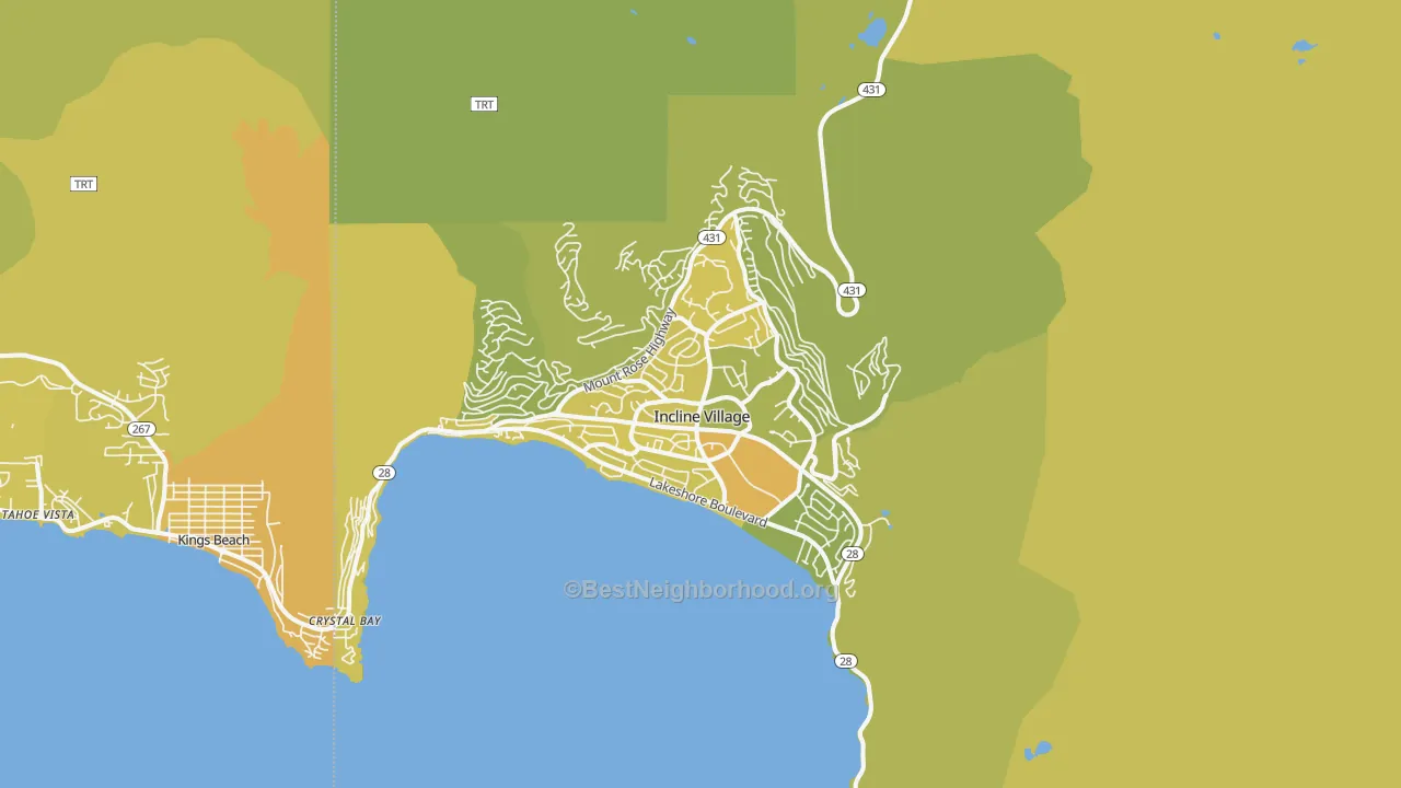 Map of the best neighborhoods in the 89451 area, with better matches in green and worse matches in red
