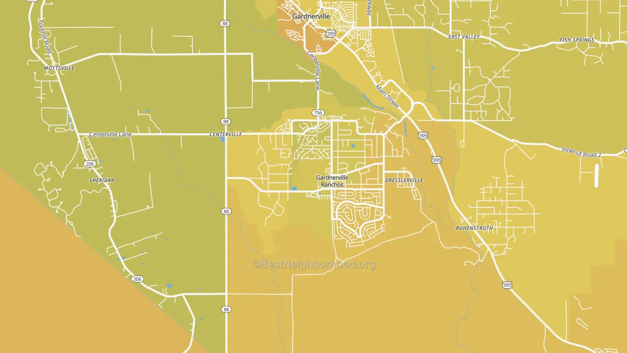 Map of the best neighborhoods in the 89460 area, with better matches in green and worse matches in red