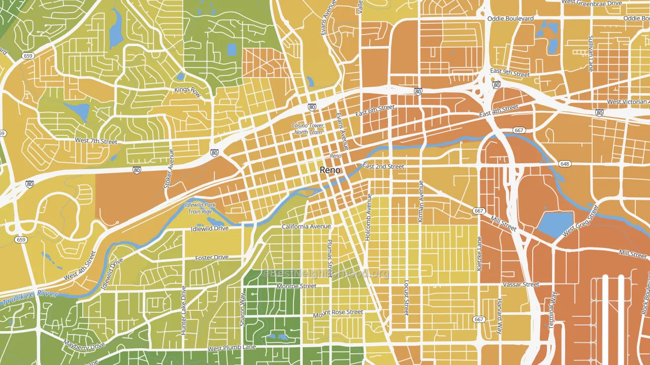 Map of the best neighborhoods in the 89501 area, with better matches in green and worse matches in red