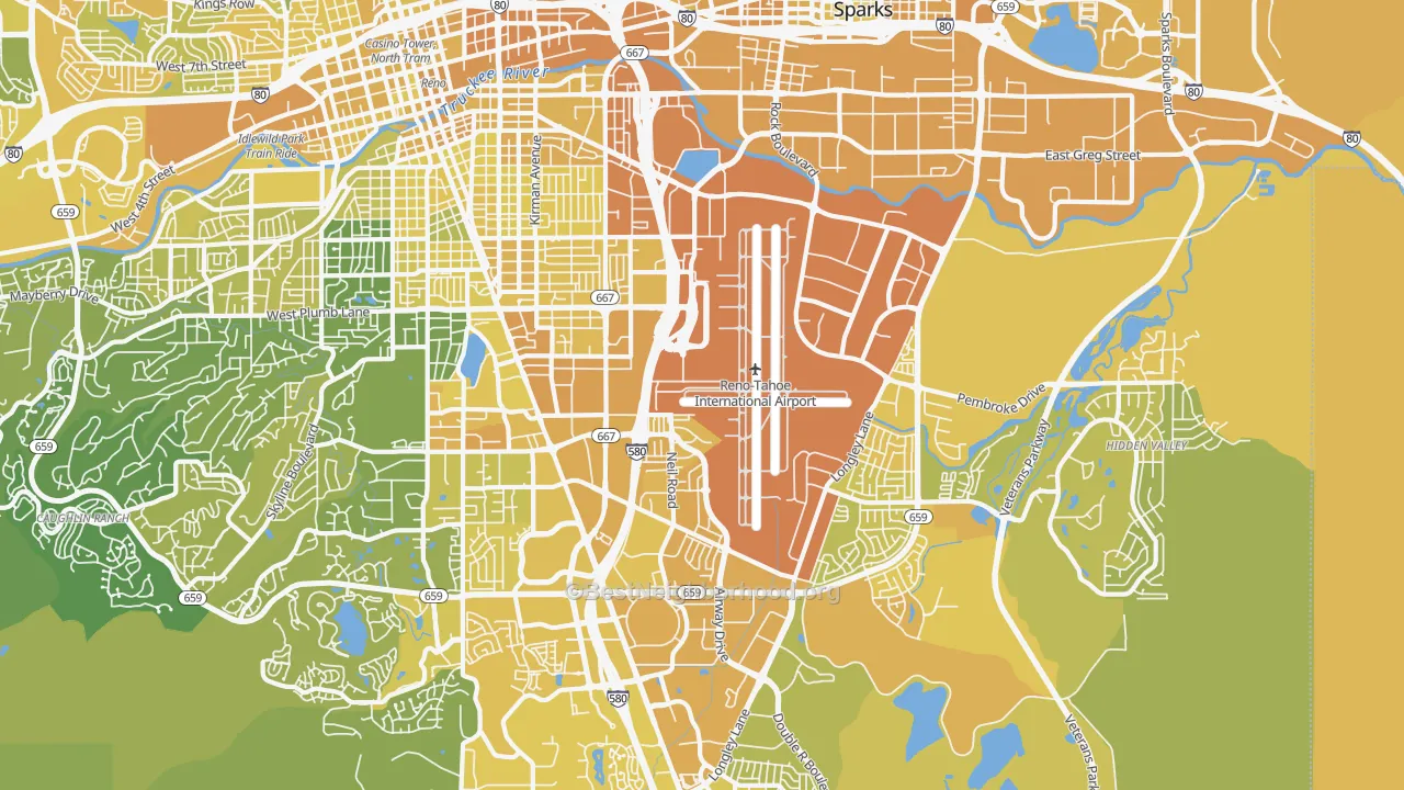 Map of the best neighborhoods in the 89502 area, with better matches in green and worse matches in red