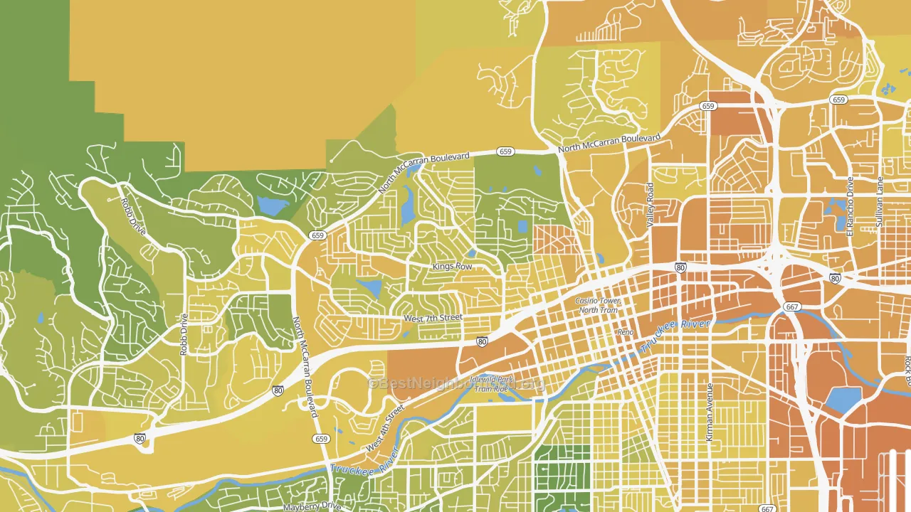 Map of the best neighborhoods in the 89503 area, with better matches in green and worse matches in red