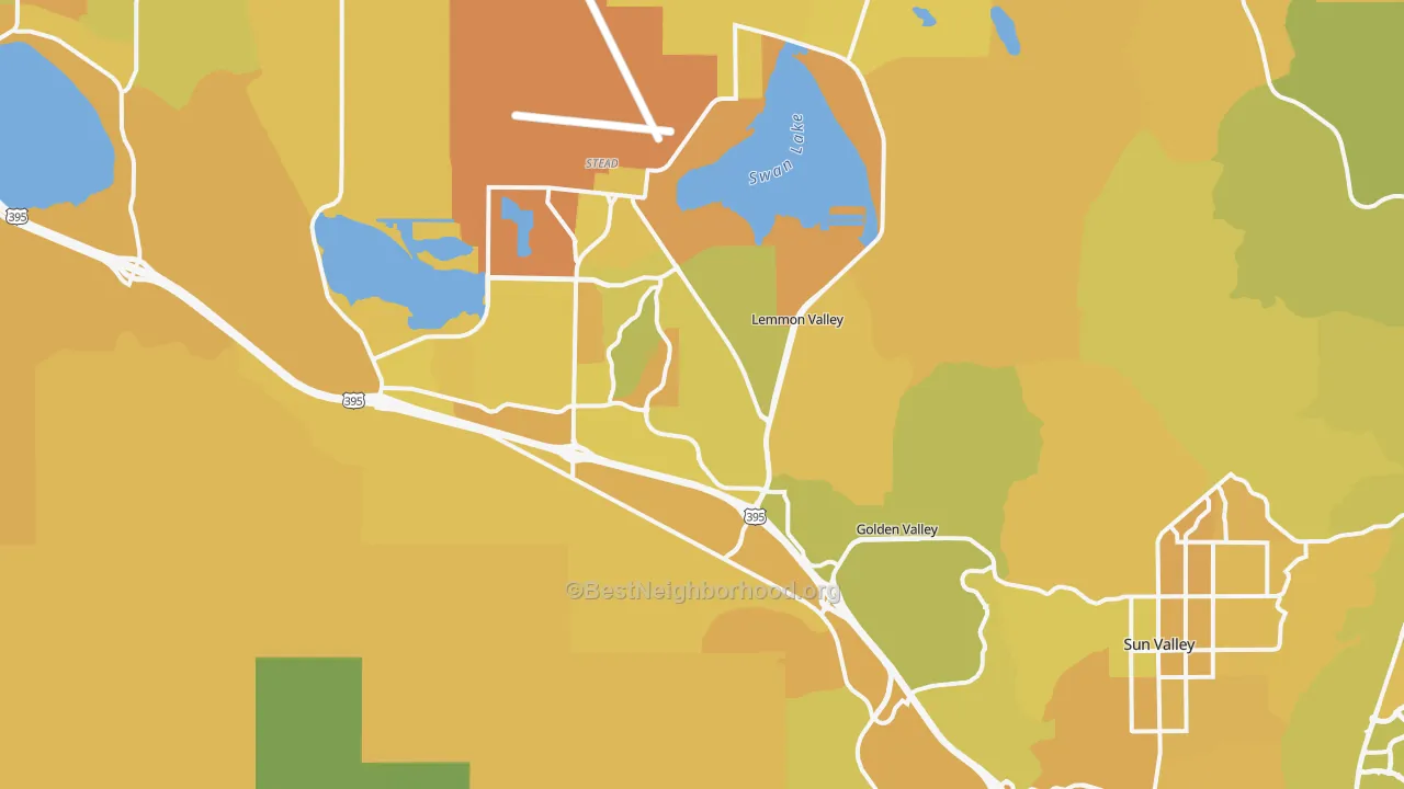 Map of the best neighborhoods in the 89506 area, with better matches in green and worse matches in red