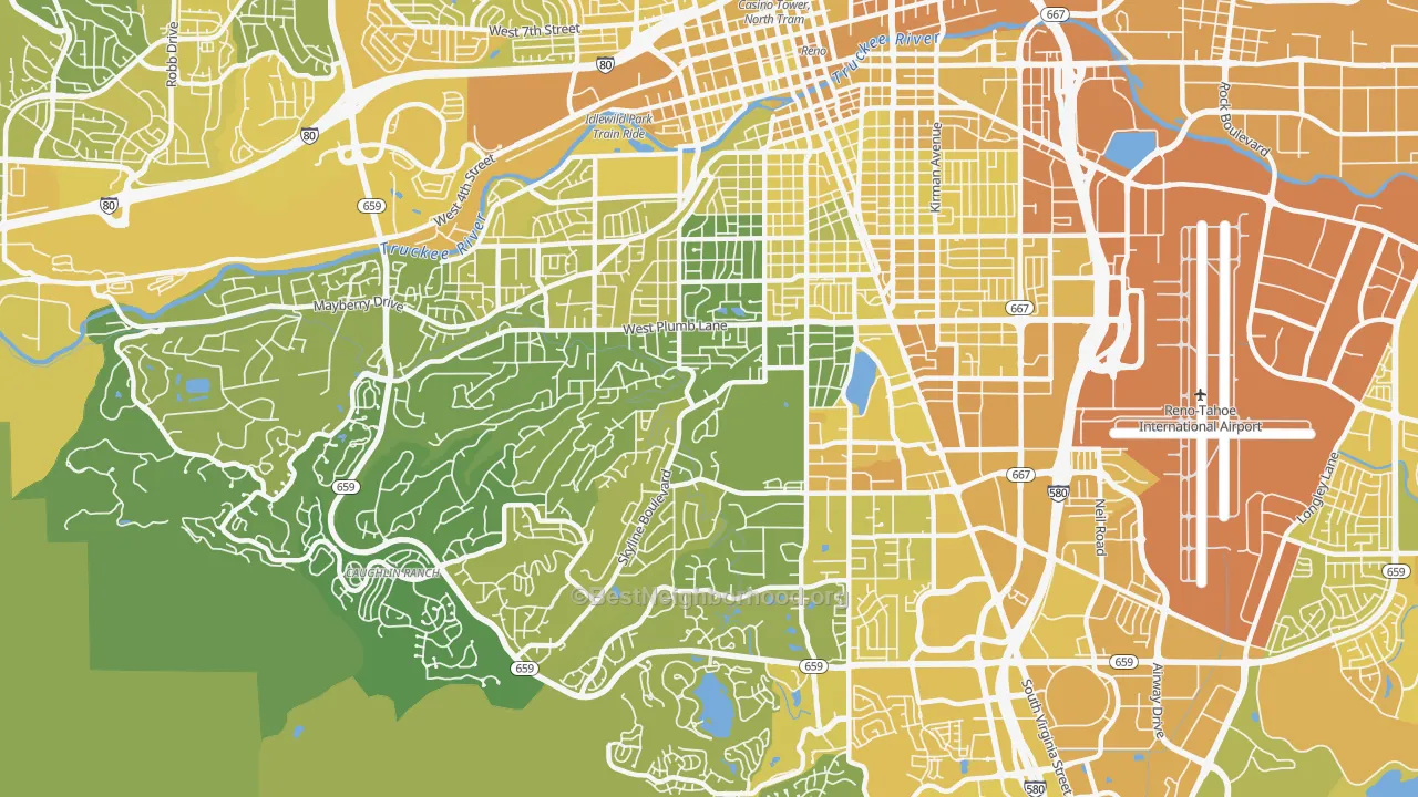 Map of the best neighborhoods in the 89509 area, with better matches in green and worse matches in red