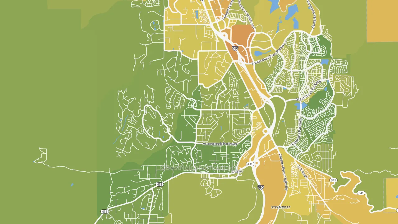 Map of the best neighborhoods in the 89511 area, with better matches in green and worse matches in red