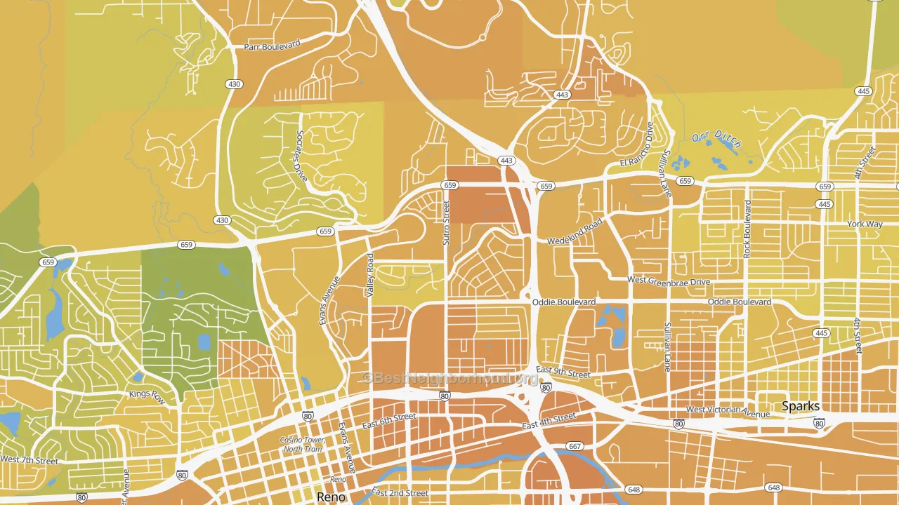 Map of the best neighborhoods in the 89512 area, with better matches in green and worse matches in red