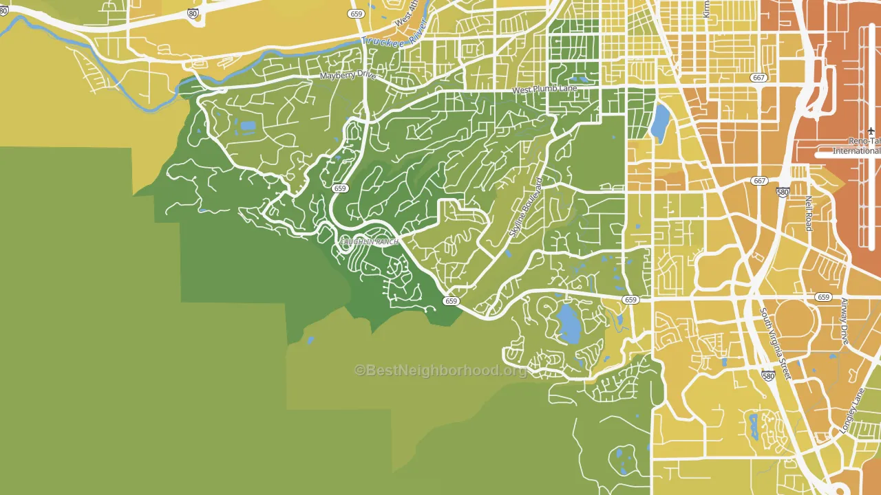 Map of the best neighborhoods in the 89519 area, with better matches in green and worse matches in red