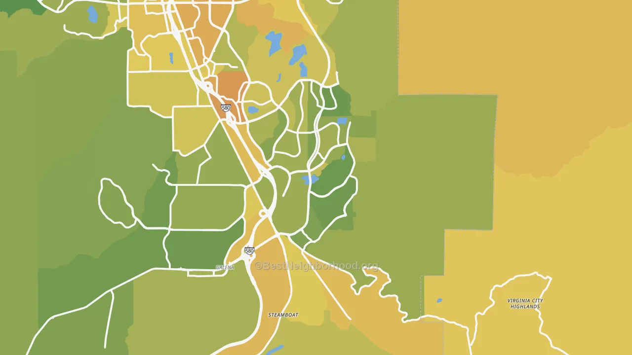 Map of the best neighborhoods in the 89521 area, with better matches in green and worse matches in red