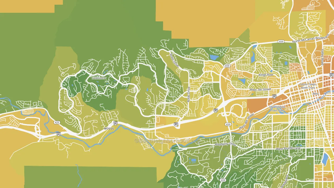 Map of the best neighborhoods in the 89523 area, with better matches in green and worse matches in red
