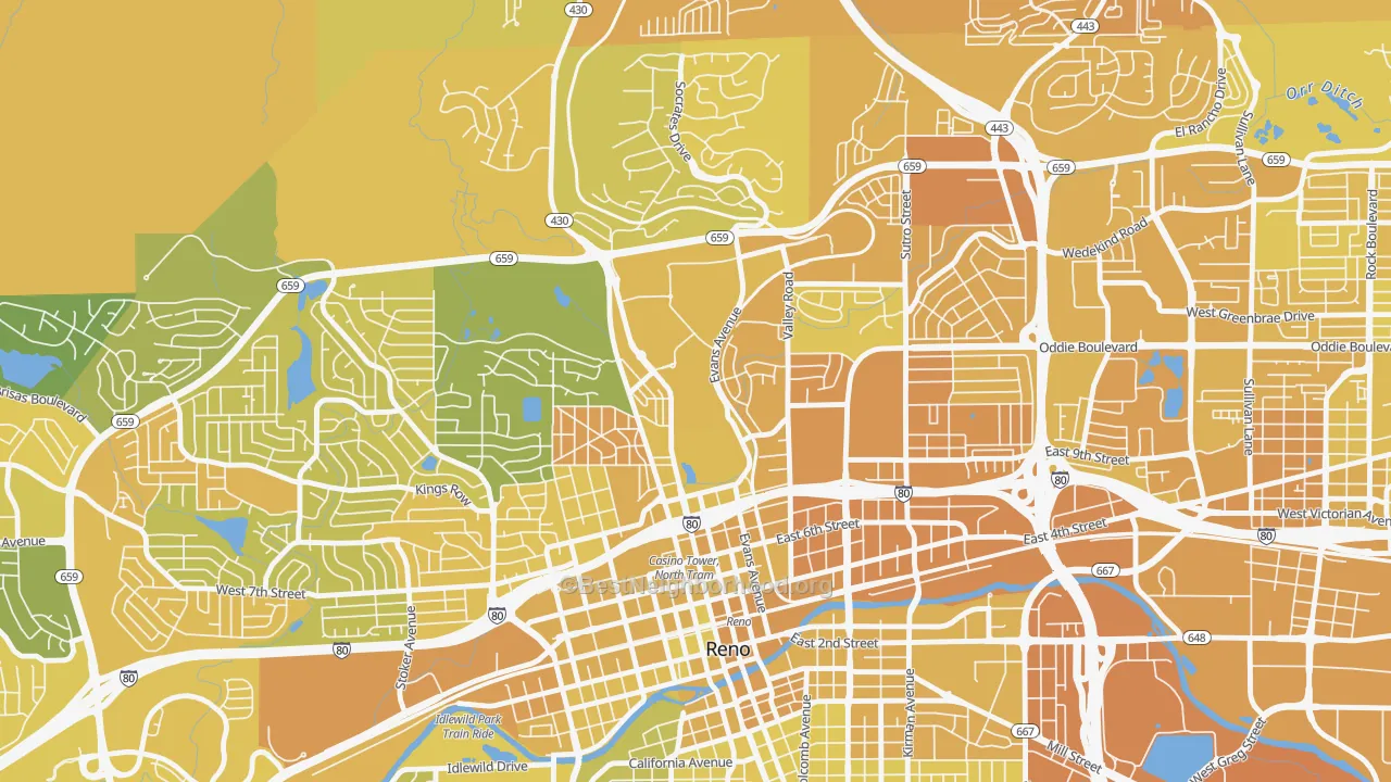 Map of the best neighborhoods in the 89557 area, with better matches in green and worse matches in red