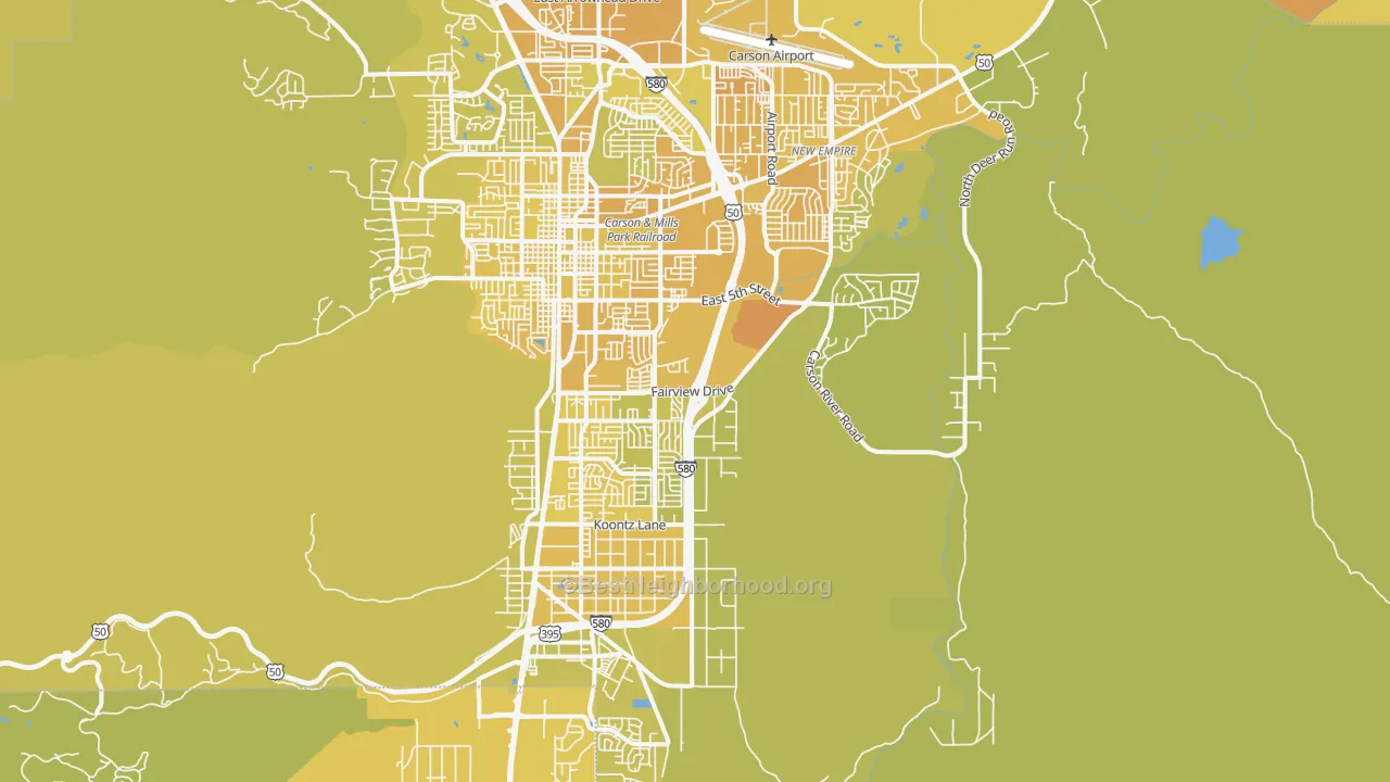 Map of the best neighborhoods in the 89701 area, with better matches in green and worse matches in red