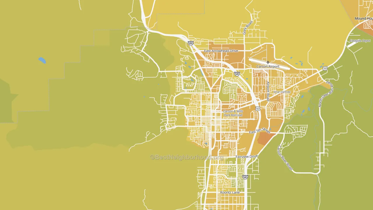 Map of the best neighborhoods in the 89703 area, with better matches in green and worse matches in red