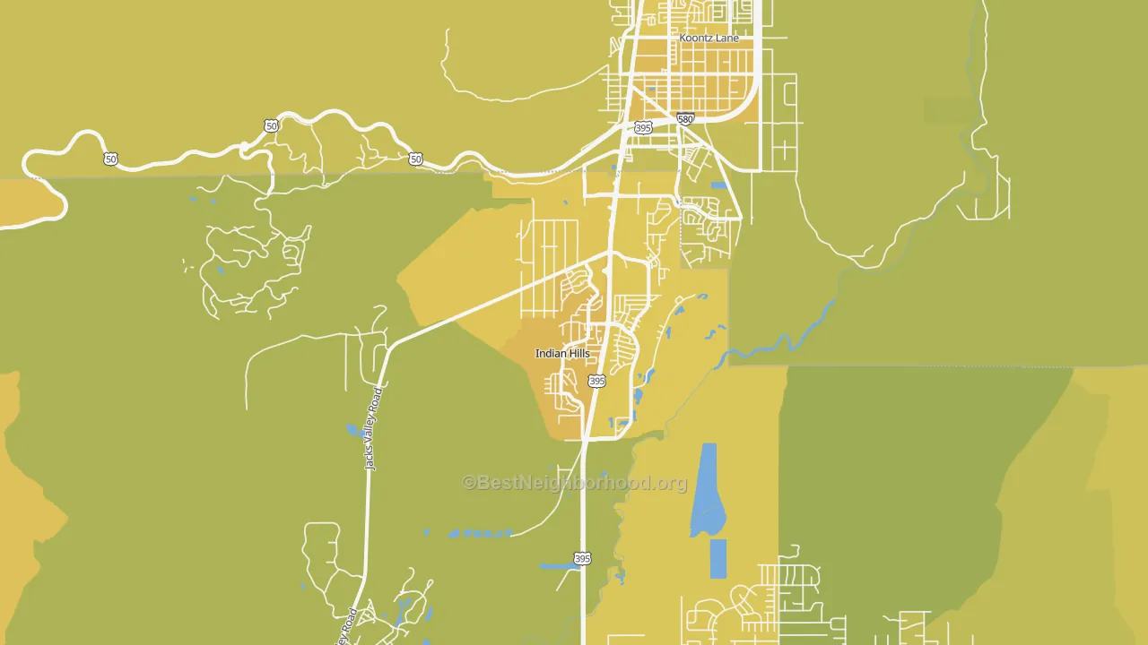 Map of the best neighborhoods in the 89705 area, with better matches in green and worse matches in red