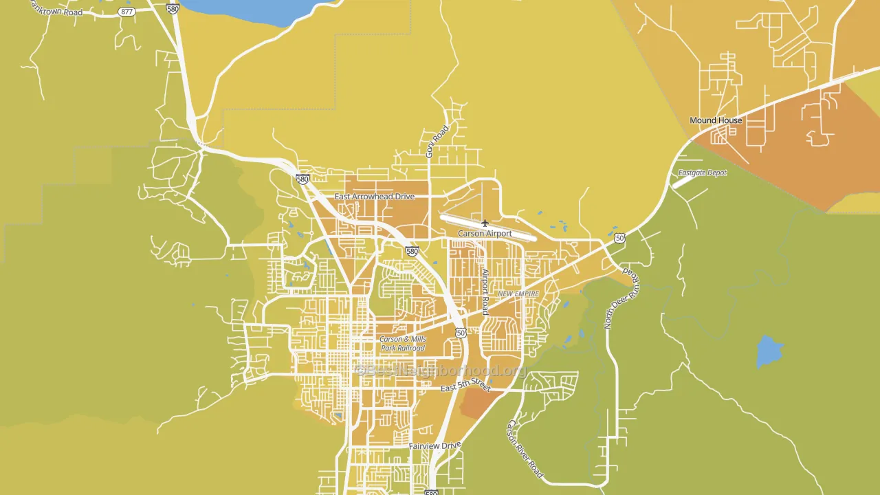 Map of the best neighborhoods in the 89706 area, with better matches in green and worse matches in red