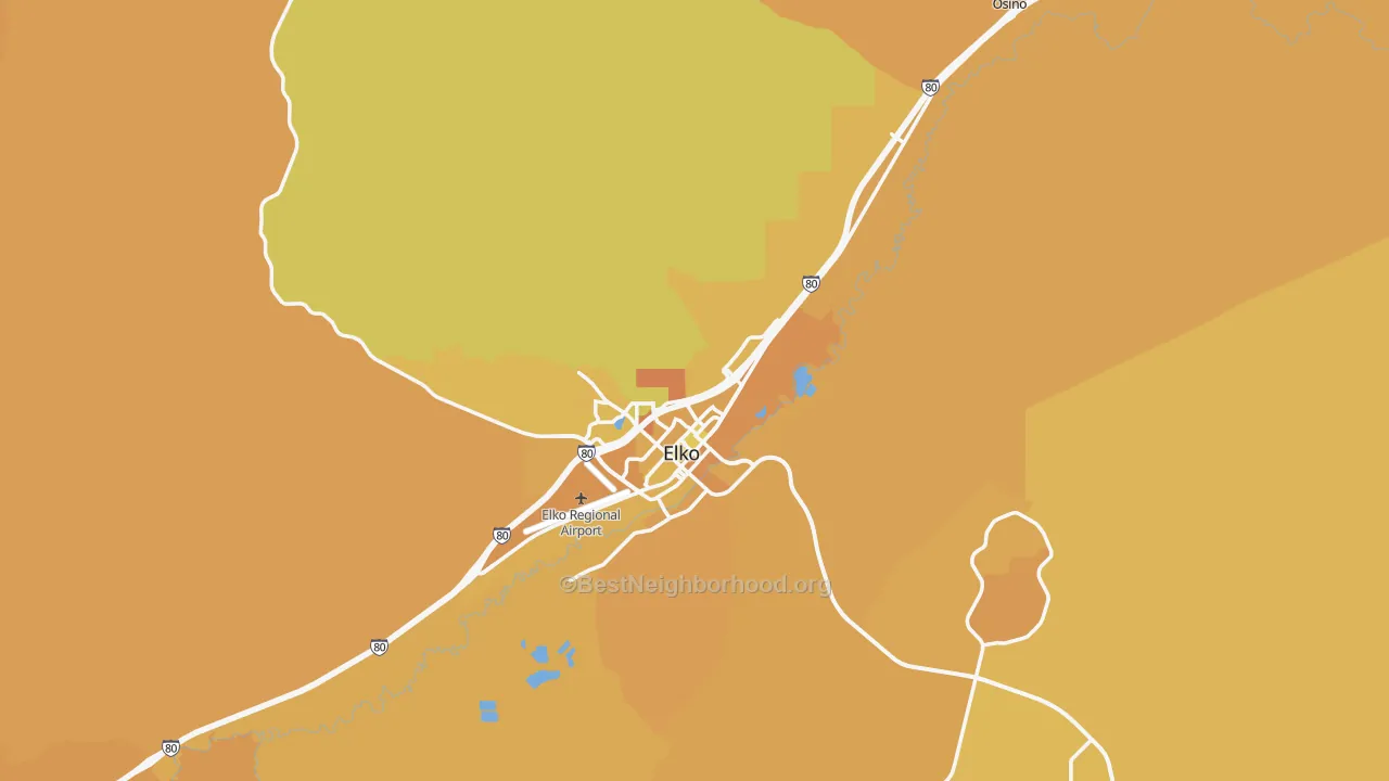 Map of the best neighborhoods in the 89801 area, with better matches in green and worse matches in red