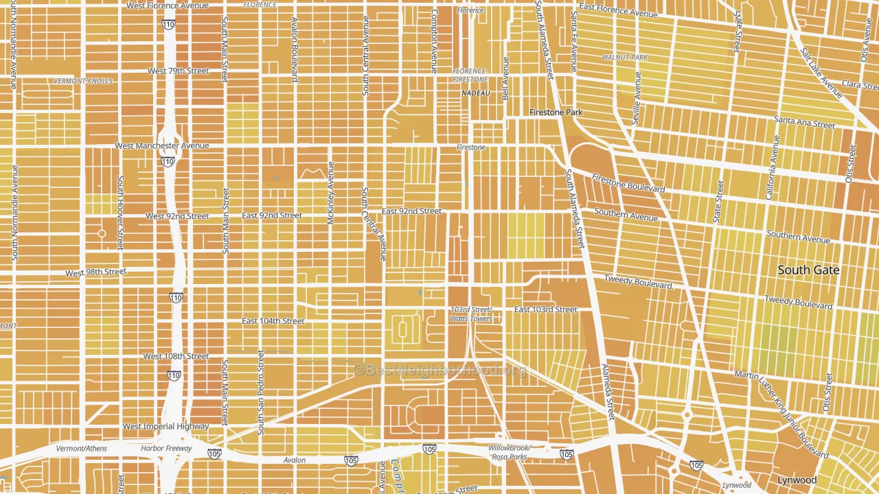 Map of the best neighborhoods in the 90002 area, with better matches in green and worse matches in red
