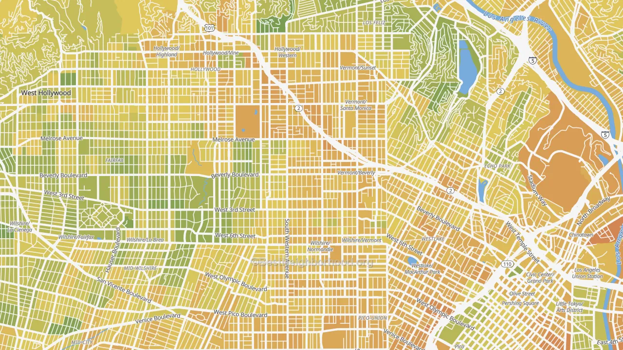 Map of the best neighborhoods in the 90004 area, with better matches in green and worse matches in red