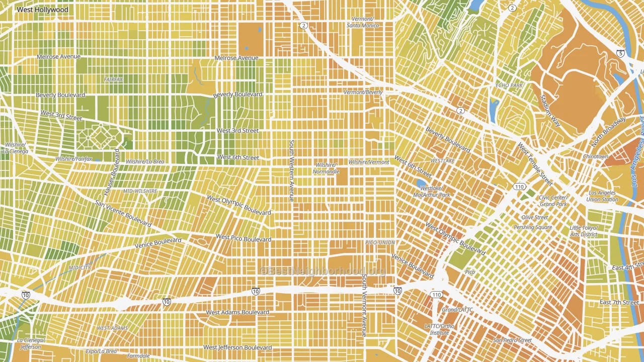 Map of the best neighborhoods in the 90005 area, with better matches in green and worse matches in red