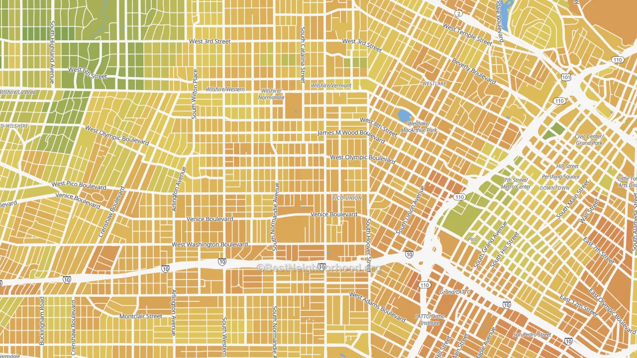 Map of the best neighborhoods in the 90006 area, with better matches in green and worse matches in red