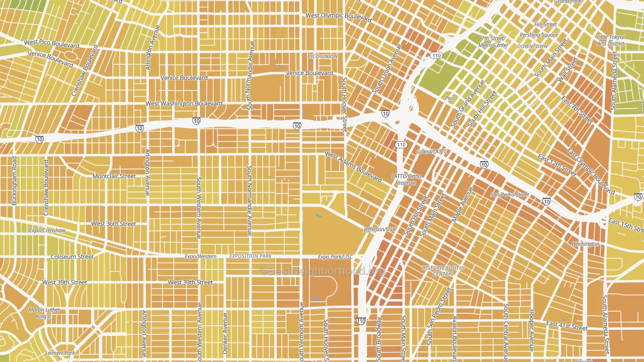 Map of the best neighborhoods in the 90007 area, with better matches in green and worse matches in red