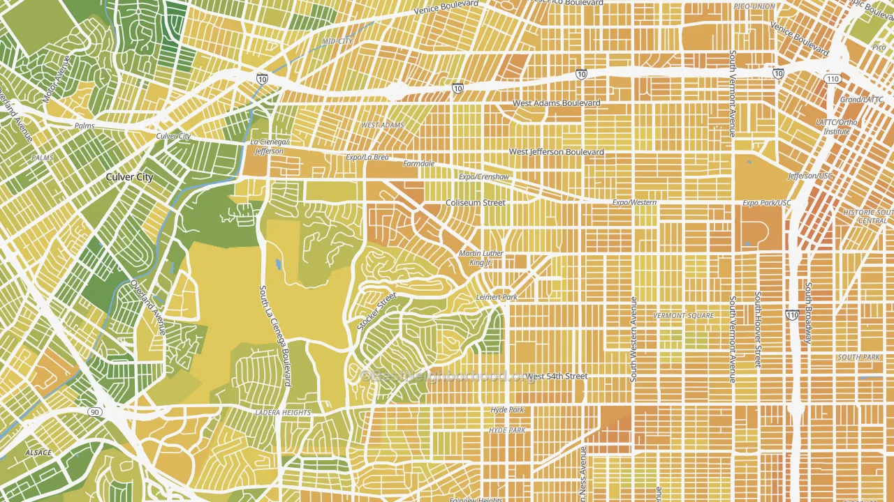 Map of the best neighborhoods in the 90008 area, with better matches in green and worse matches in red