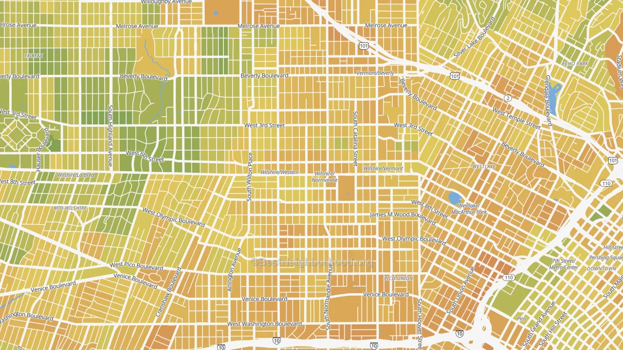 Map of the best neighborhoods in the 90010 area, with better matches in green and worse matches in red