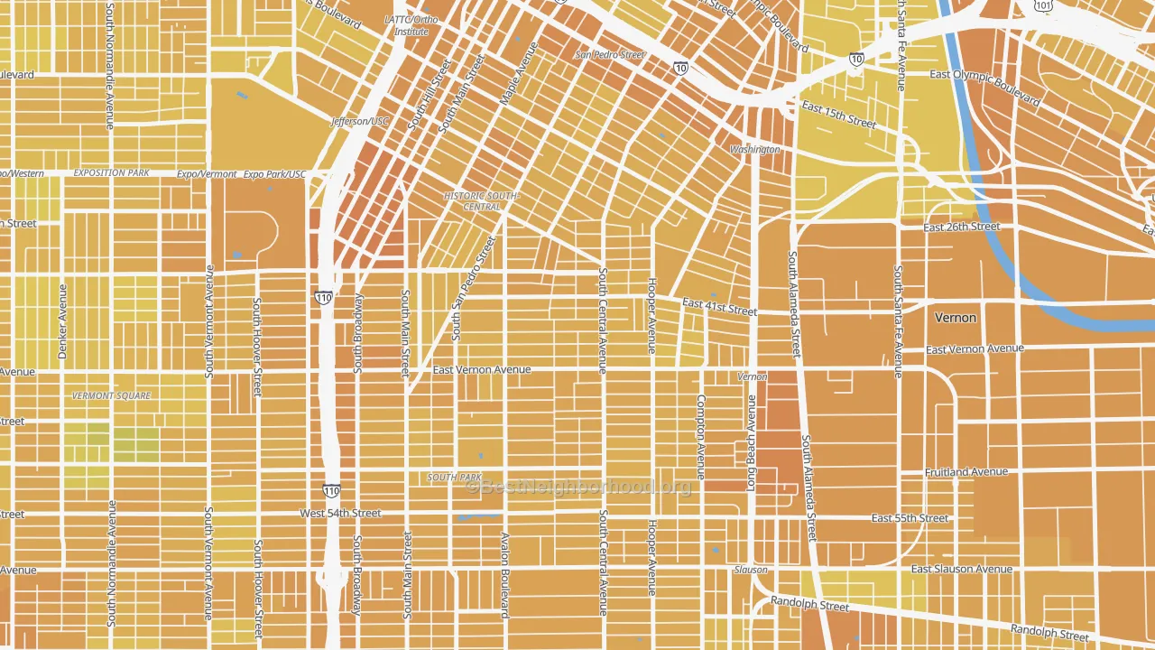 Map of the best neighborhoods in the 90011 area, with better matches in green and worse matches in red