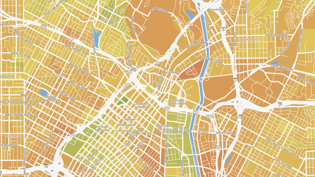 Map of the best neighborhoods in the 90012 area, with better matches in green and worse matches in red